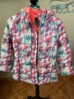 Xersion Girls Pink, Turquoise & White Multi-Color Hooded Puffer Jacket
